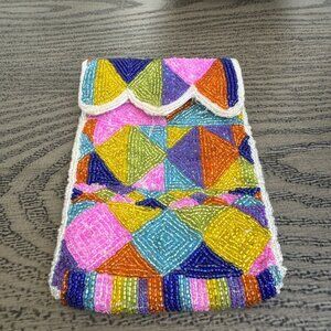 Neiman  Marcus Beaded Coin Purse Eyeglass Case Multicolor Geometric Vintage